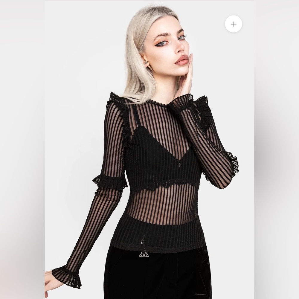 Disturbia Sheer Black Striped Ruffle Long Sleeve Top